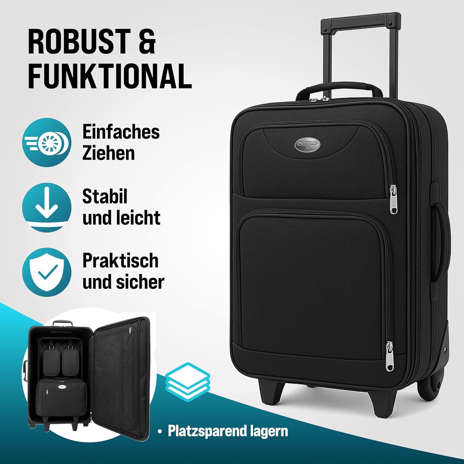 MONZANA® Trolley Kofferset Reisetaschen Set Kulturbeutel Netzfach Rollen Teleskopgriff Koffer Reisetasche mit Rollen schwarz — Ansicht 4