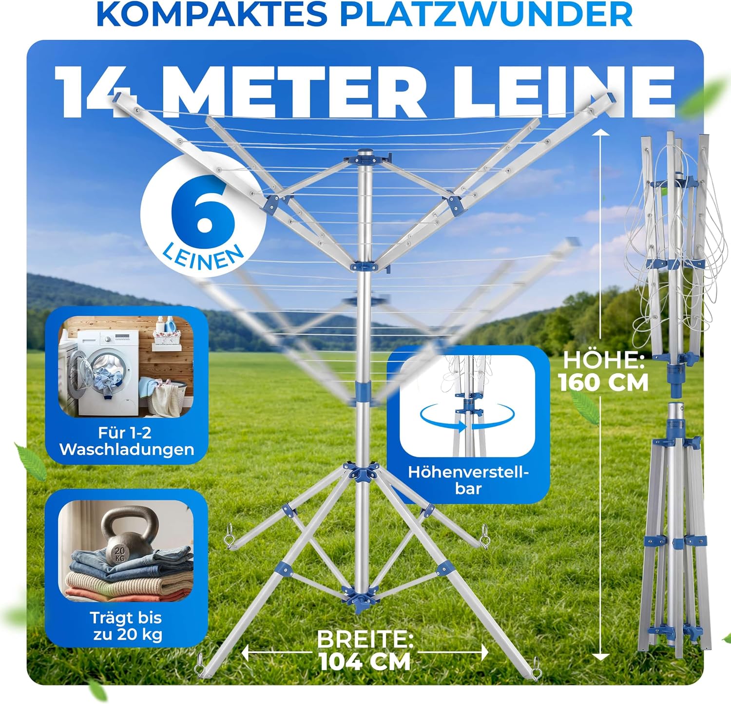 Monzana® Wäschespinne Höhenverstellbar Camping Wäscheständer Wäscheleine Garten — Ansicht 3