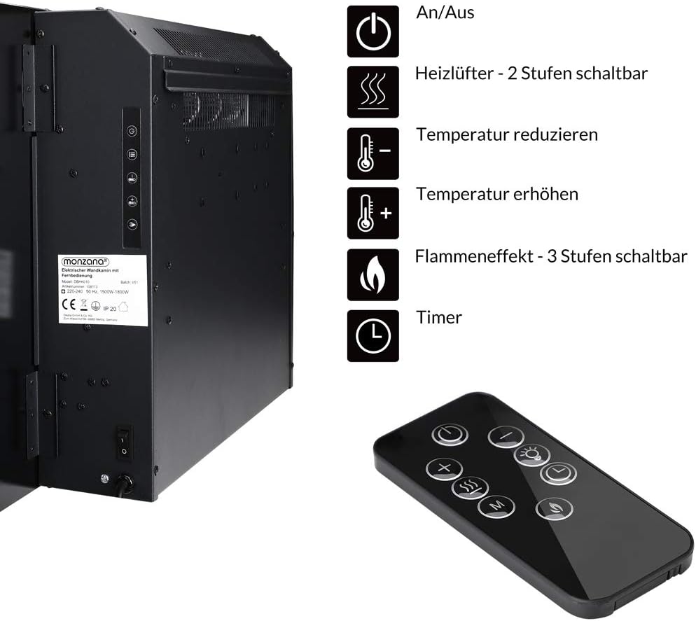 MONZANA® Wandkamin Elektrokamin Heizung Heizlüfter Head Up Display 900W / 1800W Thermostat Fernbedienung Timer Dimmbar Kaminfeuer Kaminofen Kamin — Ansicht 6