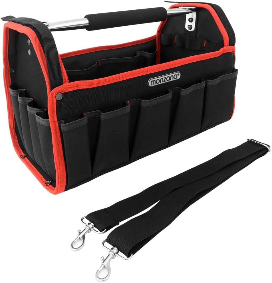 MONZANA® Werkzeugtasche XL 42cm mit verstellbarem Schultergurt stabile Tragestange 8 Innen und 15 Außentaschen Montagetasche Werkzeugbox Werkzeugkasten