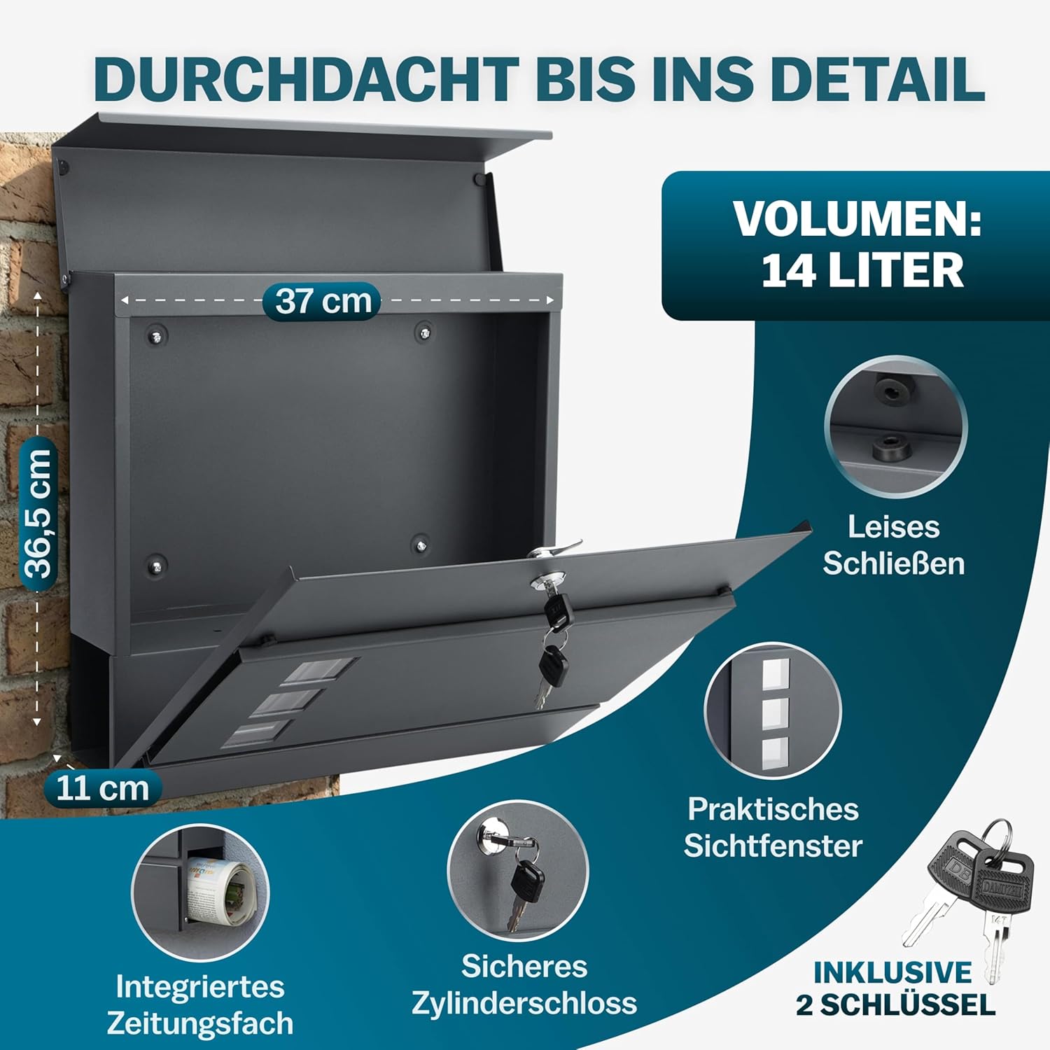 MONZANA® XXL Briefkasten Postkasten mit Zeitungsfach Sichtfenster abschließbar 2 Schlüssel Montagematerial Stahl modern einfache Montage Zeitungsrolle Wandbriefkasten Anthrazit — Ansicht 6